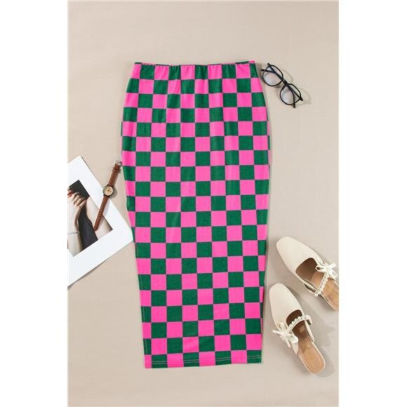 Rose Checkered Print Side Slit High Waist Midi Skirt - Picture 2 of 8
